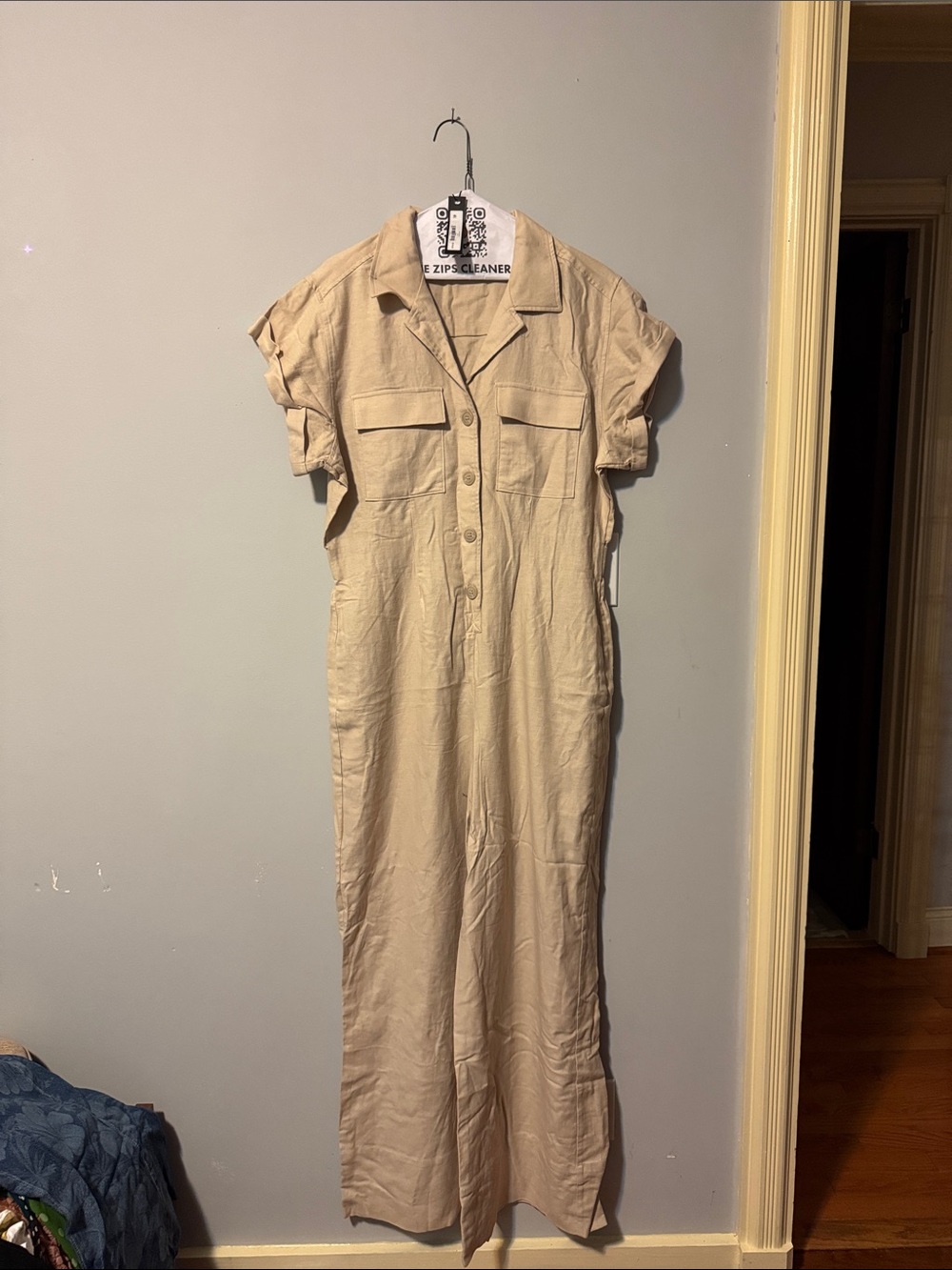 Steve Madden Beige Button-Front Utility Jumpsuit